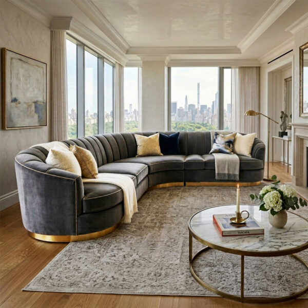 Curvature Grey Velvet Curved Sectional Sofa with Gold Base