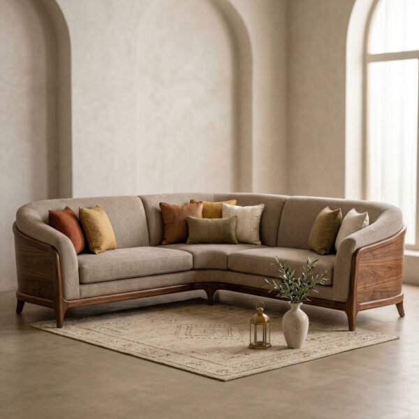 Curved Mid-Century Walnut Sectional Sofa